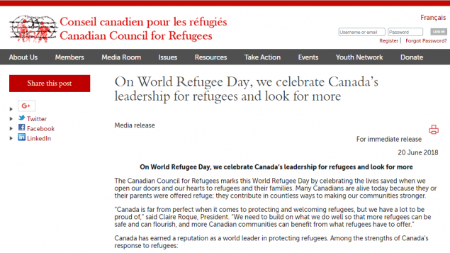 加拿大难民理事会在星期三世界难民日发表公告，吁加拿大发挥领导作用