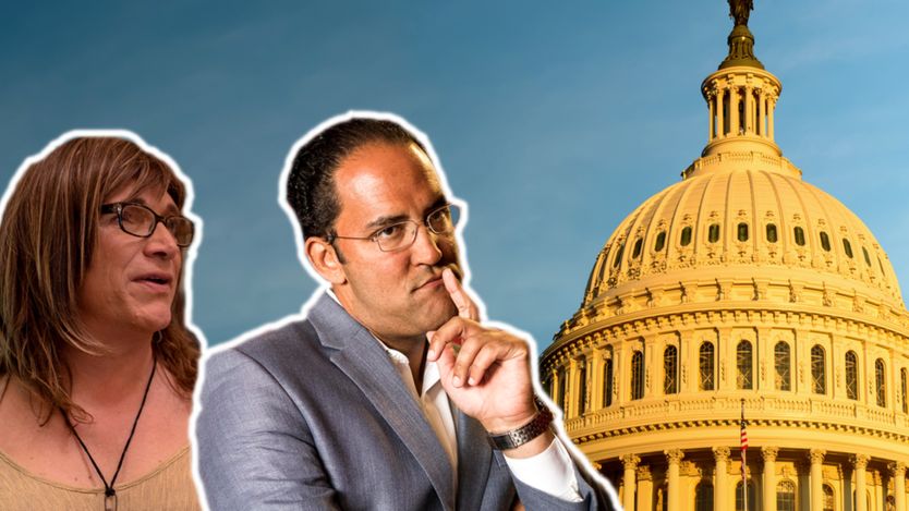 Composite image showing candidates Christine Hallquist and Will Hurd in front of the Capitol building