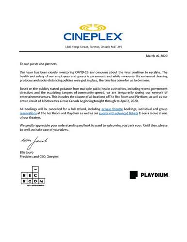 抑制新冠病毒传播​  Cineplex关闭全国165家影院