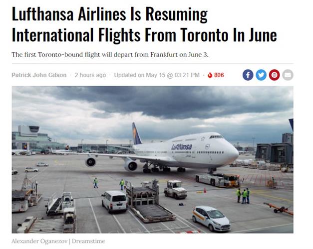 汉莎航空希望今夏恢复法兰克福到温哥华等航班
