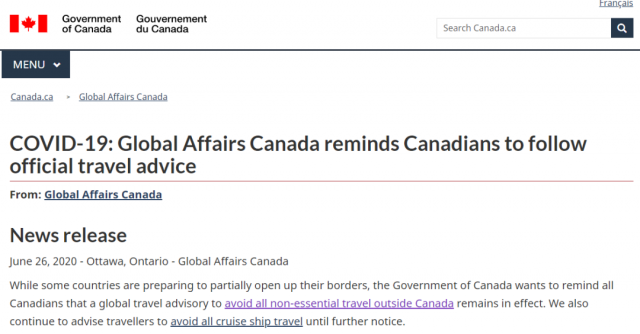 加拿大环球事务部发通告提醒加拿大人避免不必要海外旅行 大华网