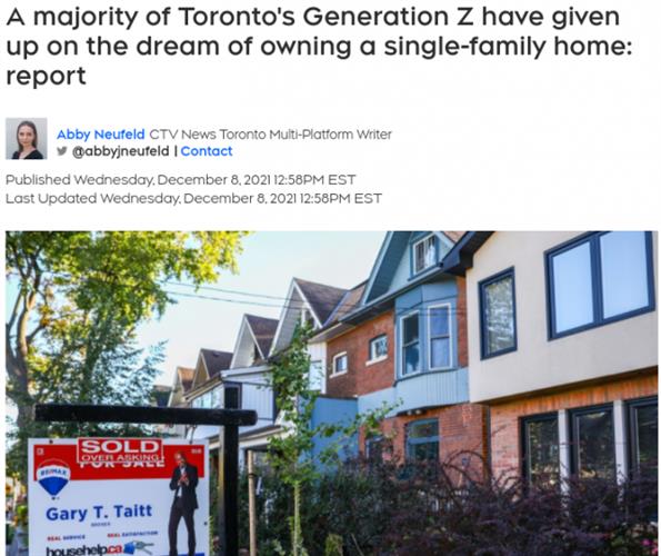 房价高 大部分多伦多年轻人觉得已买不起独立屋
