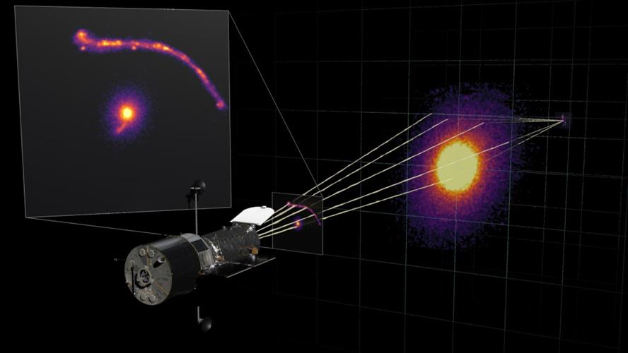 团队透过哈勃天文望远镜捕捉到的画面，再经由超级电脑模拟成像，双重确认新发现的黑洞质量大小。　路透